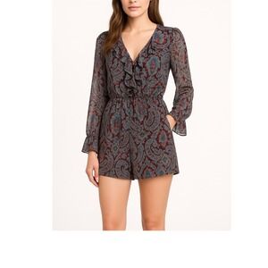 Xhilaration Womens Paisley Print Romper Long Sleeve Ruffle V Neck Large Lq